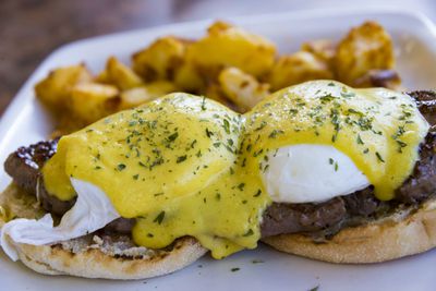 Benedict Eggs with beef sirloain steak, high protein...