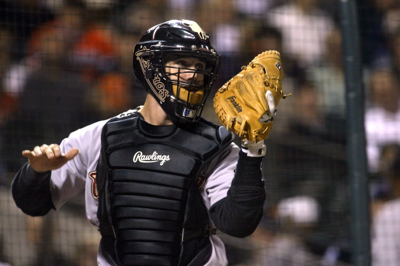 GIANTS_066_LH.JPG Houston Astros vs. San Francisco Giants at SBC Park. Catcher Brad Ausmus catches ball for a 3rd out in the first inning. Shot on 9/23/04 in San Francisco. LIZ HAFALIA / The Chronicle