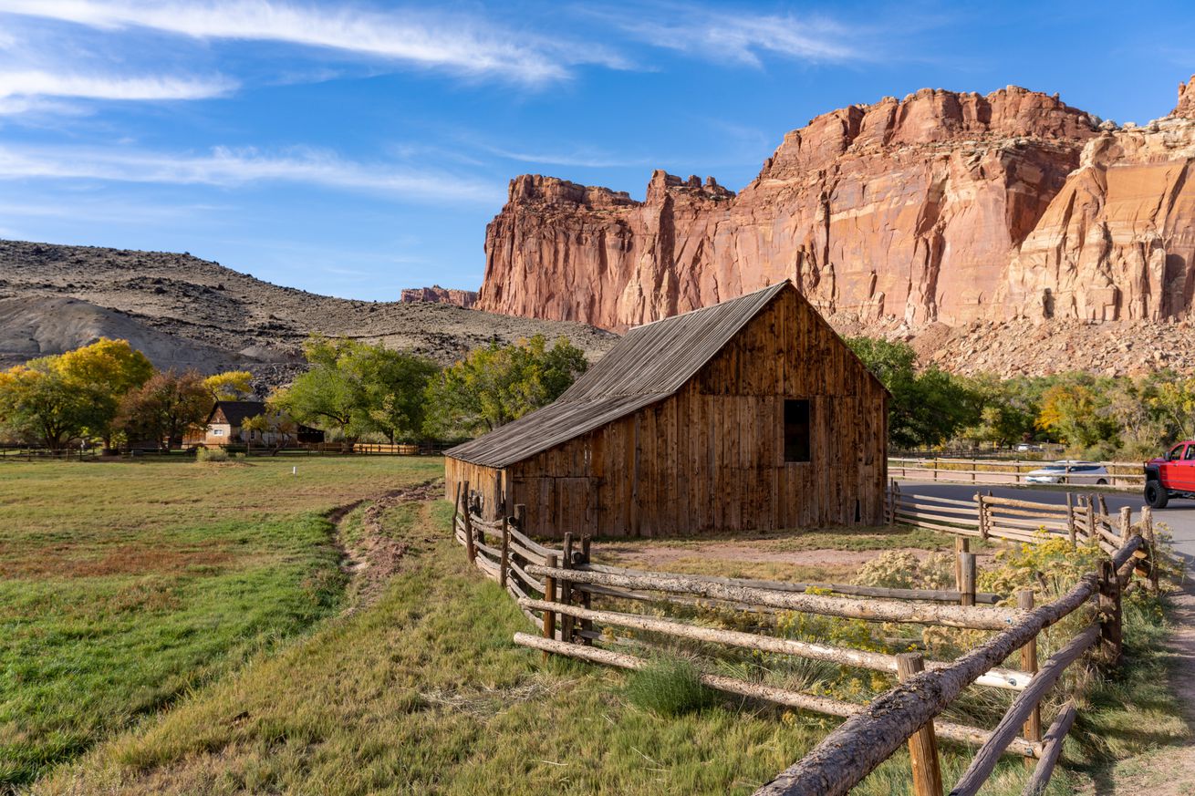 Historic Pendleton barn in the small pioneer farming community of Fruita, now in Capitol Reef National Park, Utah. The barn is over 100 years old