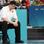 Former Houston Rockets star and China Basketball Association president Yao Ming looks on during the game between China