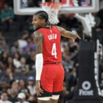 Houston Rockets guard Jalen Green (4) reacts after scoring a three-point basket