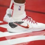 Dec 22, 2024; Toronto, Ontario, CAN; The shoes worn by Houston Rockets forward Amen Thompson (1) during a game against the Toronto Raptors at Scotiabank Arena. Mandatory Credit: John E. Sokolowski-Imagn Images