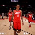 Houston Rockets forward Jabari Smith Jr (10) leaves the court following the game against the Miami Heat during the fourth quarter at Toyota Center.