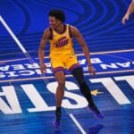 Team M guard Amen Thompson (1) of the Houston Rockets looks on during the 2025 NBA Rising Stars Game at Chase Center.