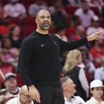 Mar 8, 2025; Houston, Texas, USA; Houston Rockets head coach Ime Udoka reacts during the second quarter against the New Orleans Pelicans at Toyota Center. Mandatory Credit: Troy Taormina-Imagn Images Amen Thompson injury