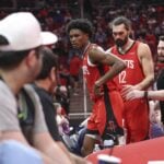 Houston Rockets playmaker Amen Thompson walks off court after ankle injury